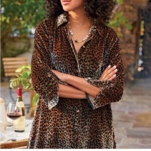 Soft Surroundings Womens XL Leopard Velvet Button Down Shirt Brown Animal Print
